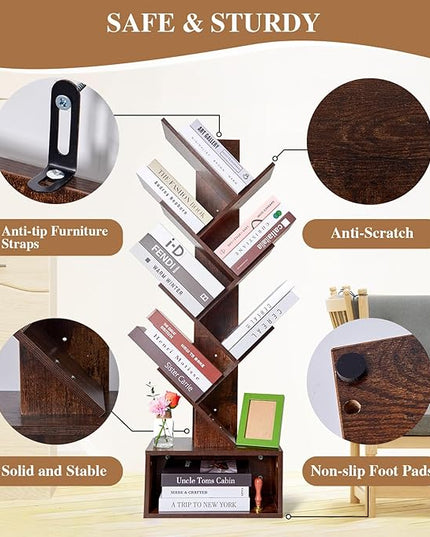 Tree Bookshelf 6 layers with drawers Retro Book Holder Rustic Brown Wooden Floor Standing Bookshelf for Living Room,Bedroom,Home Office Modern Bookcase - LeafyLoom