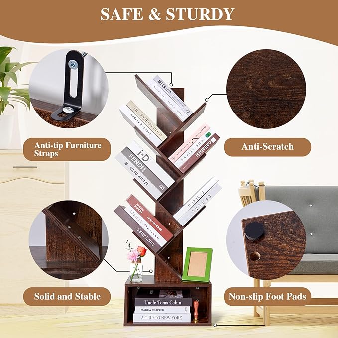 Tree Bookshelf 6 layers with drawers Retro Book Holder Rustic Brown Wooden Floor Standing Bookshelf for Living Room,Bedroom,Home Office Modern Bookcase - LeafyLoom