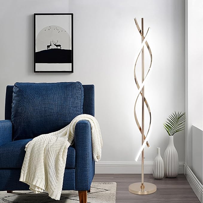 LED Modern Floor Lamp for Living Room, 40W 3 Colors Stepless Dimmable and Color-Changing Bright Floor Standing Lamp,60" Unique Spiral Floor Tall Lamp for Bedroom Office with Remote,Gold - LeafyLoom