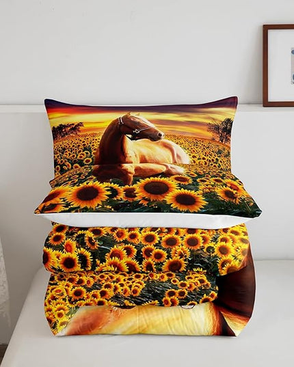 3D Horse Comforter Set for Kids Boys Wild Animal Down Comforter Girls Teen Adult Women Sunflower Quilted Duvet Brown Horse Bedding Comforters Cowboys Farmhouse Comforter with 1 Pillowcase, Twin Size - LeafyLoom