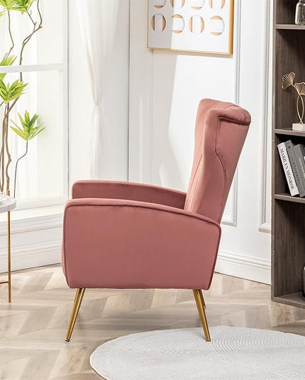 Armchair Modern Velvet Accent Chair, Channel Tufted Bedroom, Office or Living Room Furniture with Elegant Metal Legs, Rose - LeafyLoom