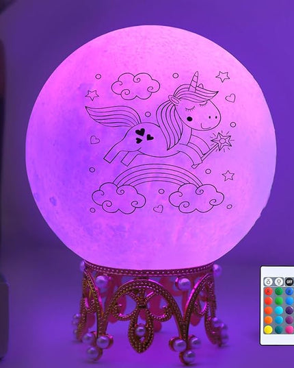 Moon Lamp, 3.9 Inch 3D Moon Night Light Gifts for 3 4 5 6 7 8 9 10 11 12 13+ Year Old Girls Birthday, Unicorn Gifts for Girls Age 3 4 5 6-8+ 16 Colors with Crown Stand & Remote Control - LeafyLoom