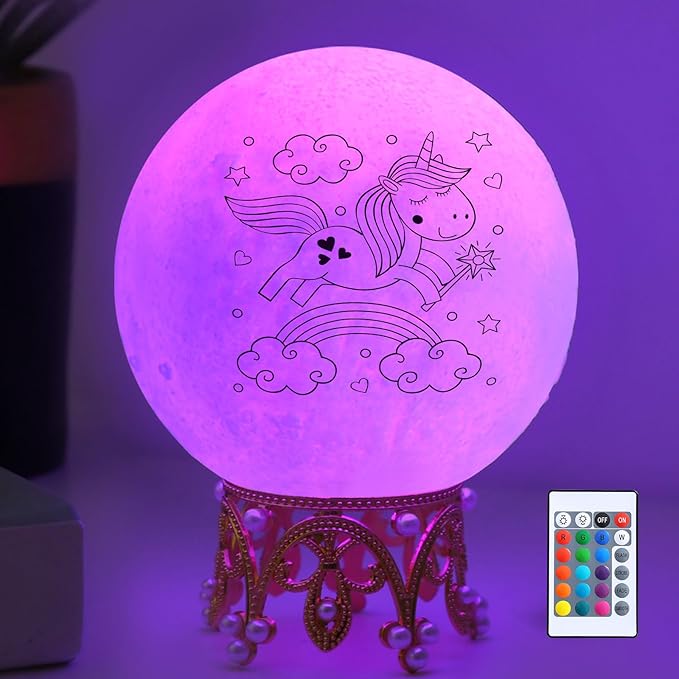 Moon Lamp, 3.9 Inch 3D Moon Night Light Gifts for 3 4 5 6 7 8 9 10 11 12 13+ Year Old Girls Birthday, Unicorn Gifts for Girls Age 3 4 5 6-8+ 16 Colors with Crown Stand & Remote Control - LeafyLoom