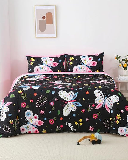 Girls Butterfly Comforter Set Twin Size Black 7 Piece Bed in A Bag Colorful Flowers Leaves Bedding Set for Kids Teens Super Soft All Season - LeafyLoom
