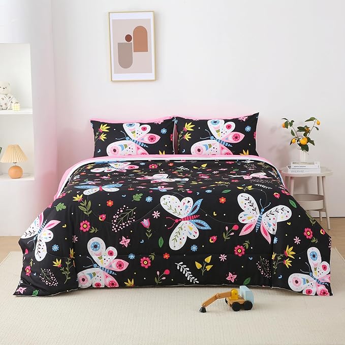 Girls Butterfly Comforter Set Twin Size Black 7 Piece Bed in A Bag Colorful Flowers Leaves Bedding Set for Kids Teens Super Soft All Season - LeafyLoom
