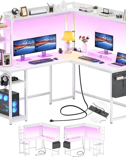 Aheaplus L Shaped Desk with Power Outlet, L Shaped Gaming Desk with Led Light & Hutch, Reversible Home Office Desk, Corner Computer Desk Writing Desk with Monitor Stand & Storage Shelves, White - LeafyLoom