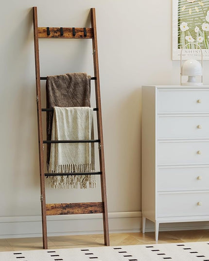 Blanket Ladder Shelf for Living Room, Decorative Wood Quilt Rack with 4 Removable Hooks, 6-Tier Farmhouse Ladder Holder Organizer for Bedroom, Rustic Brown and Black BR31501B - LeafyLoom