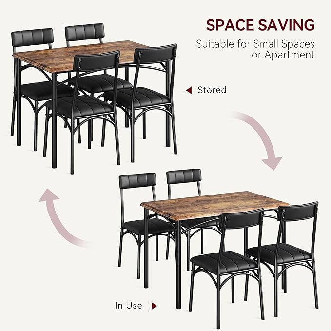 IDEALHOUSE Dining Table Set for 4, Kitchen Table and Chairs for 4, Rectangular Dining Room Table Set with 4 Upholstered Chairs, 5 Piece Kitchen Table Set for Small Space, Apartment, Retro Brown - LeafyLoom