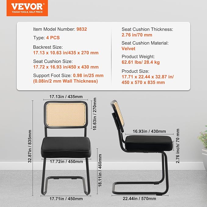 VEVOR Rattan Dining Chairs Set of 4, Mid Century Modern Dining Chair, Upholstered Velvet Accent Chair with Rattan Back, Retro Dining Room Kitchen Chair for Living Room, Bedroom, Office (18.1 Inch) - LeafyLoom
