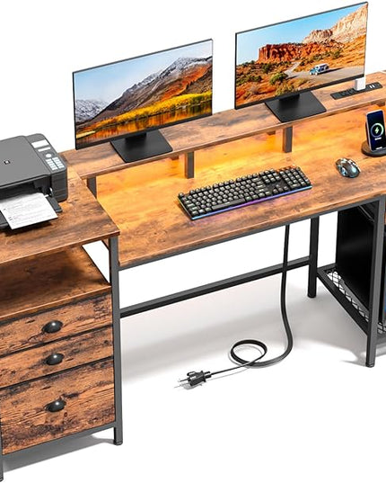 Furologee Computer Desk with Drawers, 60" Office Long Desk with Fabric File Cabinet and Power Outlets, Gaming Desk with LED Lights, Study Writing Work Desk for Home Office, Rustic Brown - LeafyLoom