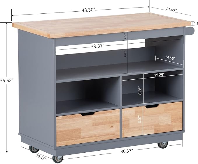 Rolling Storage, Two-sided Kitchen Island Cart on Wheels with Wood Top, Wine and Spice Rack, 2 Drawers, 3 Open Compartments, for Dining Room, Home, Grey Blue, 46 Inch - LeafyLoom
