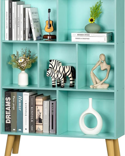 LEYAOYAO 7 Cube Bookshelf 3-Tier Bookcase with Legs, Mint-Green Kids Book Shelf Cute Storage Organizer, Toy Shelves Bookshelves,Wood Display Bookcases - LeafyLoom