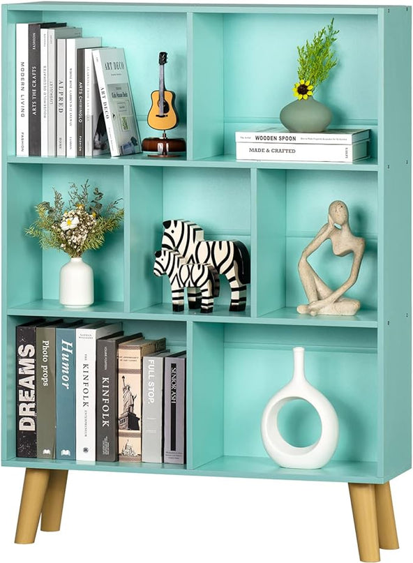 LEYAOYAO 7 Cube Bookshelf 3-Tier Bookcase with Legs, Mint-Green Kids Book Shelf Cute Storage Organizer, Toy Shelves Bookshelves,Wood Display Bookcases - LeafyLoom