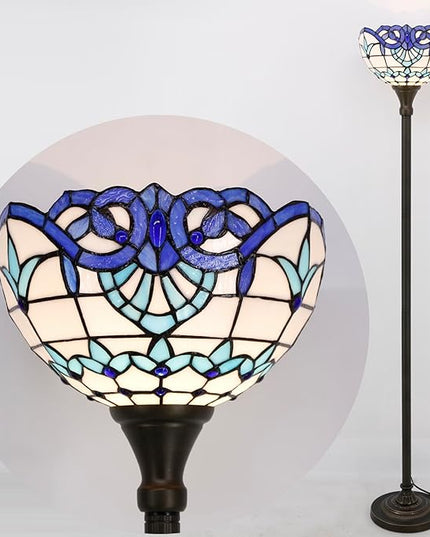 WERFACTORY Tiffany Floor Lamp Navy Blue Baroque Stained Glass Light 12X12X66 Inches Pole Torchiere Standing Corner Torch Uplight Decor Bedroom Living Room Home Office S003B Series - LeafyLoom
