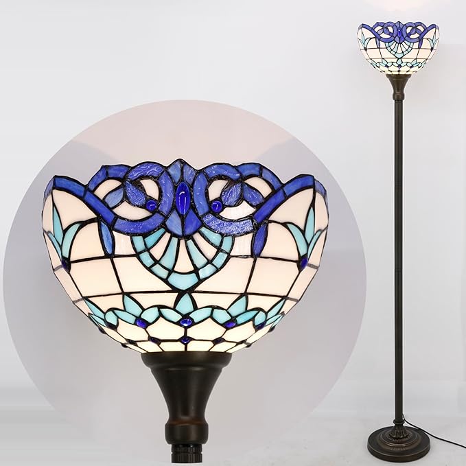 WERFACTORY Tiffany Floor Lamp Navy Blue Baroque Stained Glass Light 12X12X66 Inches Pole Torchiere Standing Corner Torch Uplight Decor Bedroom Living Room Home Office S003B Series - LeafyLoom