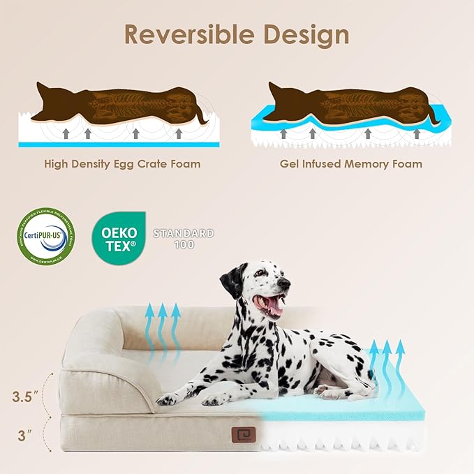 EHEYCIGA Orthopedic Dog Beds for Large Dogs, Waterproof Memory Foam Large Dog Bed with Sides, Non-Slip Bottom and Egg-Crate Foam Large Dog Couch Bed with Washable Removable Cover, Beige EHEYCIGA