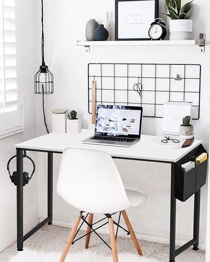 Lufeiya Small Computer Desk White Writing Table for Home Office Small Spaces 31 Inch Modern Student Study Laptop PC Writing Desks with Storage Bag Headphone Hook, White Black - LeafyLoom
