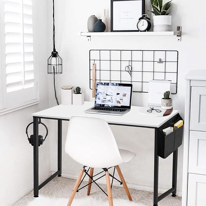 Lufeiya Small Computer Desk White Writing Table for Home Office Small Spaces 31 Inch Modern Student Study Laptop PC Writing Desks with Storage Bag Headphone Hook, White Black - LeafyLoom