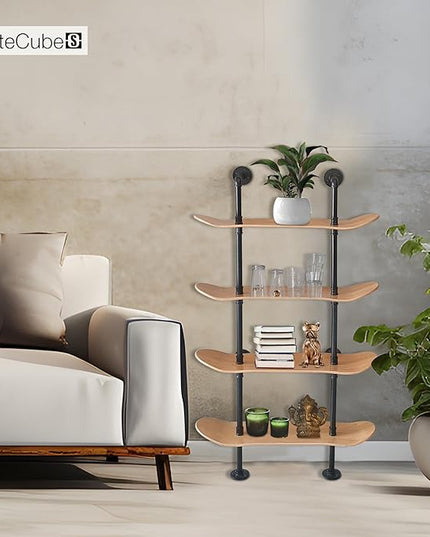 Industrial Shelves - 4 Tier Industrial Decor Pipe Bookcase Using 7 Ply Skateboard Decks - Natural Wood Stain Finish - Perfect Bathroom Wall Decor, Book Shelf for Skateboard Enthusiasts - LeafyLoom