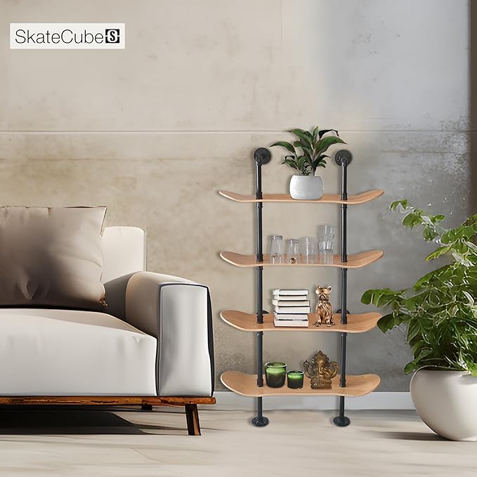 Industrial Shelves - 4 Tier Industrial Decor Pipe Bookcase Using 7 Ply Skateboard Decks - Natural Wood Stain Finish - Perfect Bathroom Wall Decor, Book Shelf for Skateboard Enthusiasts - LeafyLoom
