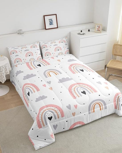 Rainbow Queen Bedding Sets For Girls, Kawaii Cloud Comforter Set 3 Pieces With 2 Pillow Cases, Pink Love Heart Down Comforter For Kids Boys Women Adult, Hand Drawn Cartoon Rainbow Duvet Insert - LeafyLoom