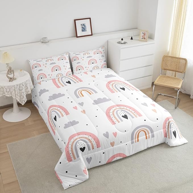 Rainbow Queen Bedding Sets For Girls, Kawaii Cloud Comforter Set 3 Pieces With 2 Pillow Cases, Pink Love Heart Down Comforter For Kids Boys Women Adult, Hand Drawn Cartoon Rainbow Duvet Insert - LeafyLoom