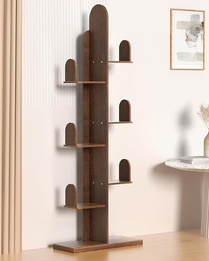 Cactus Bookshelf, Tree Bookshelf for Bedroom, Solid Wood Geometric Bookcase, Spine Bookshelf and Book Tower with Living Room, Walnut - LeafyLoom
