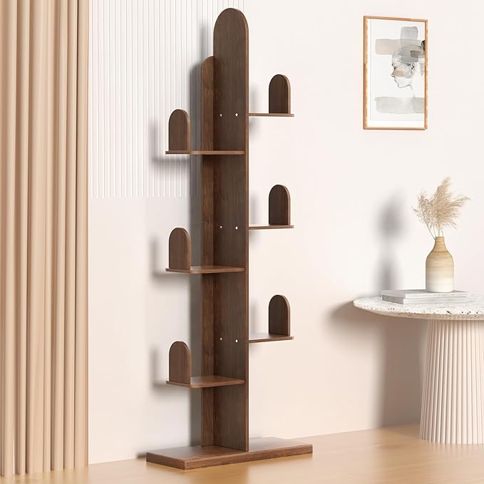 Cactus Bookshelf, Tree Bookshelf for Bedroom, Solid Wood Geometric Bookcase, Spine Bookshelf and Book Tower with Living Room, Walnut - LeafyLoom
