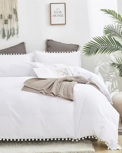 White Twin Comforter Girls Pom Comforter White Twin Bedding Set Boys 3 PCs Soft White Ball Pom Fringe Comforter Set 1 Twin Comforter (68x90 inches) with 2 Pillowcases (20x26 inches) - LeafyLoom