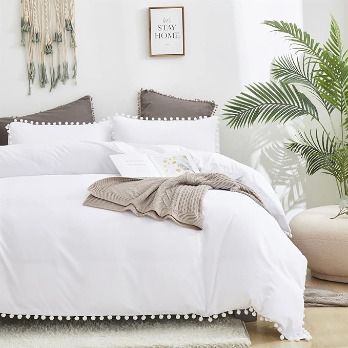White Twin Comforter Girls Pom Comforter White Twin Bedding Set Boys 3 PCs Soft White Ball Pom Fringe Comforter Set 1 Twin Comforter (68x90 inches) with 2 Pillowcases (20x26 inches) - LeafyLoom