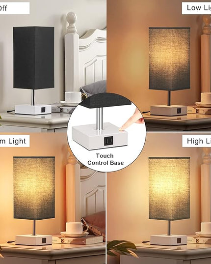 Ambimall Black Lamp with USB Ports - 3 Way Touch Lamps Beside Desk, Nightstand Lamp for Bedrooms Living Room, Black Shade with White Base, LED Bulb Included(Black) - LeafyLoom
