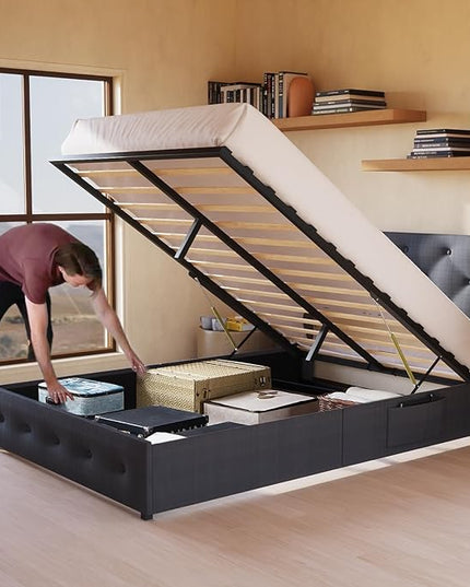 Queen Lift Up Storage Bed Frame, Button Tufted Wingback Headboard with USB Ports,Hydraulic Storage, Wood Slats Support, No Box Spring Needed, Noise-Free - LeafyLoom