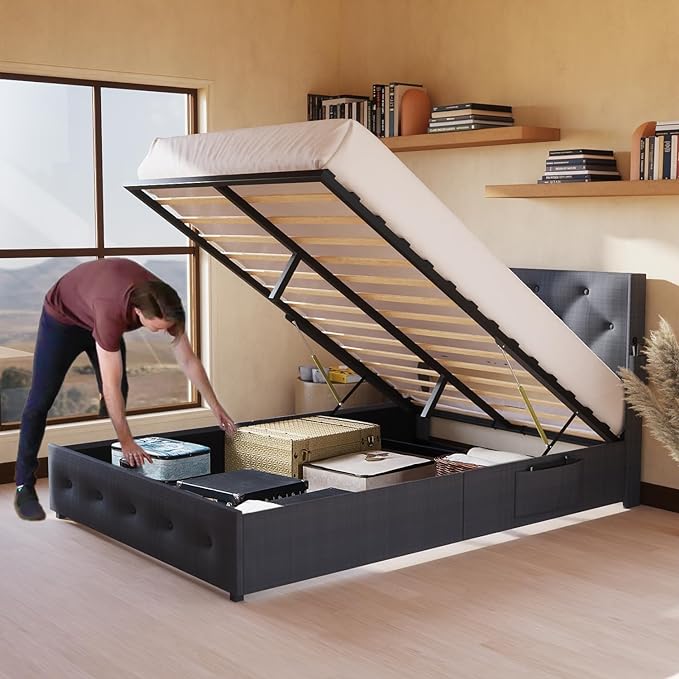 Queen Lift Up Storage Bed Frame, Button Tufted Wingback Headboard with USB Ports,Hydraulic Storage, Wood Slats Support, No Box Spring Needed, Noise-Free - LeafyLoom
