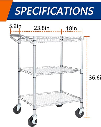 3 Tier Heavy Duty Rolling Utility Cart,18" D x 23.8" W x 36.6" H Rolling Carts with Wheels,Commercial Grade Metal Cart with Handle Bar & Shelf Liner,Trolley Serving Storage Cart for Kitchen Silver - LeafyLoom