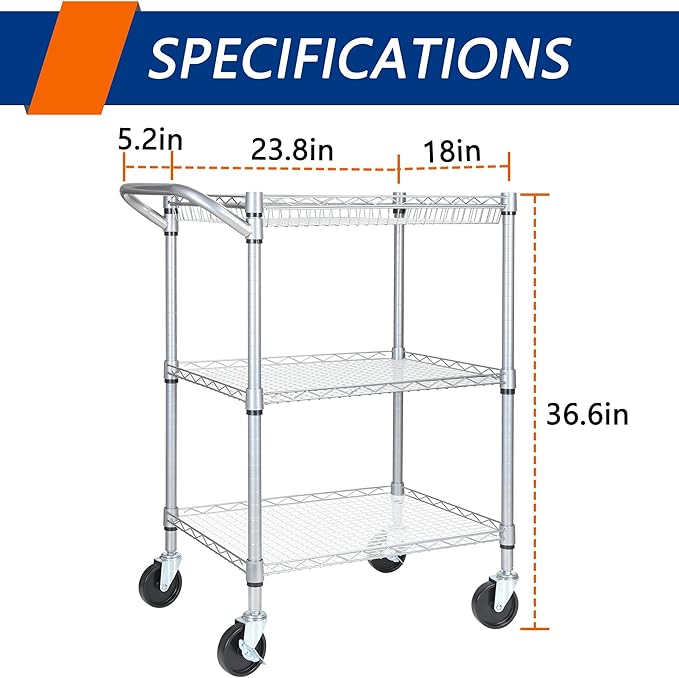 3 Tier Heavy Duty Rolling Utility Cart,18" D x 23.8" W x 36.6" H Rolling Carts with Wheels,Commercial Grade Metal Cart with Handle Bar & Shelf Liner,Trolley Serving Storage Cart for Kitchen Silver - LeafyLoom