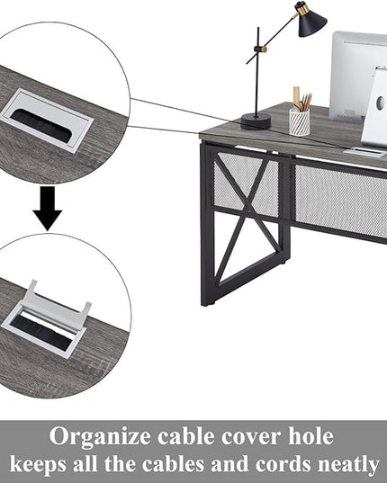 BON AUGURE Industrial Computer Desk, Rustic Wood Desk for Home Office, Sturdy Metal Writing Work Desk (60 Inch, Dark Grey Oak) - LeafyLoom