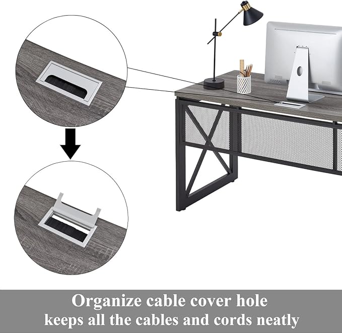 BON AUGURE Industrial Computer Desk, Rustic Wood Desk for Home Office, Sturdy Metal Writing Work Desk (60 Inch, Dark Grey Oak) - LeafyLoom