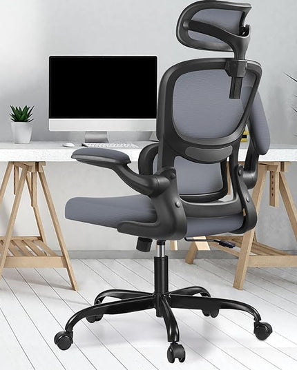 Ergonomic Office Chair, High Back Mesh Desk Chair with Lumbar Support and Adjustable Headrest, Computer Gaming Chair with Flip-up Armrests, Executive Swivel Chair for Home Office (DarkGray) - LeafyLoom