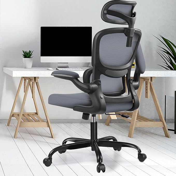 Ergonomic Office Chair, High Back Mesh Desk Chair with Lumbar Support and Adjustable Headrest, Computer Gaming Chair with Flip-up Armrests, Executive Swivel Chair for Home Office (DarkGray) - LeafyLoom