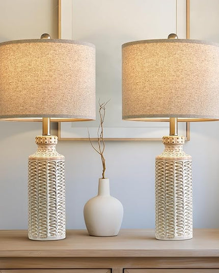 24.75'' Farmhouse Cream-White Ceramic Single Table Lamp for Bedroom Living Room Vintage Traditional Rustic Modern Nightstand Bedside Lamps - LeafyLoom