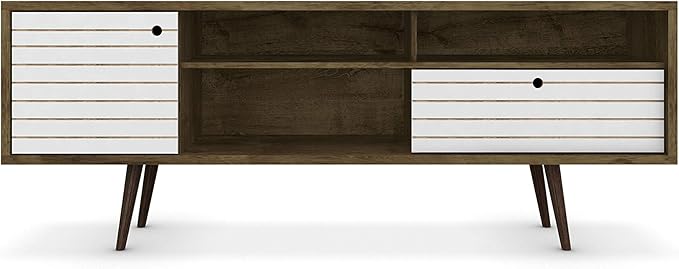 Manhattan Comfort Liberty Mid Century Modern TV Stand for Televisions up to 65 Inches, Bedroom and Living Room Entertainment Center with Storage, Shelves, and Cabinet, 71" Wide, Rustic Brown/White - LeafyLoom