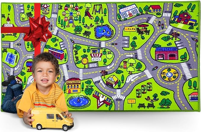 ToyVelt Kids Carpet Playmat Car Rug – Educational Road Traffic Carpet Multi Color Play Mat - Best Kids Rugs for Playroom & Kid Bedroom – for Ages 3-12 Years Old (43" L x 26" W) - LeafyLoom
