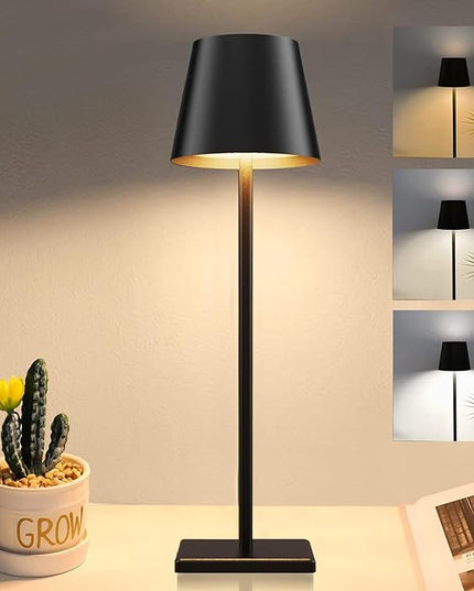 Cordless Table lamp, 5200mAh Battery Operated Lamp,3 Color Stepless Dimming Desk Lamp, IP54 Waterproof Outdoor Table Lamps for Restaurant/Bedroom/Bars/Party/Camping/Cafe Night Light (Black-1) - LeafyLoom