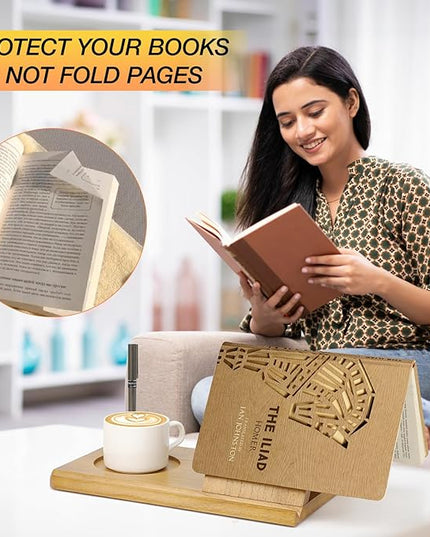 Book Holder, Triangle Small Bookshelf, Unique Book Nook Reading Valet with Cup, Glasses & Pen Holder, Wooden Mini Bookshelf, Book Lovers Gift Ideas - LeafyLoom