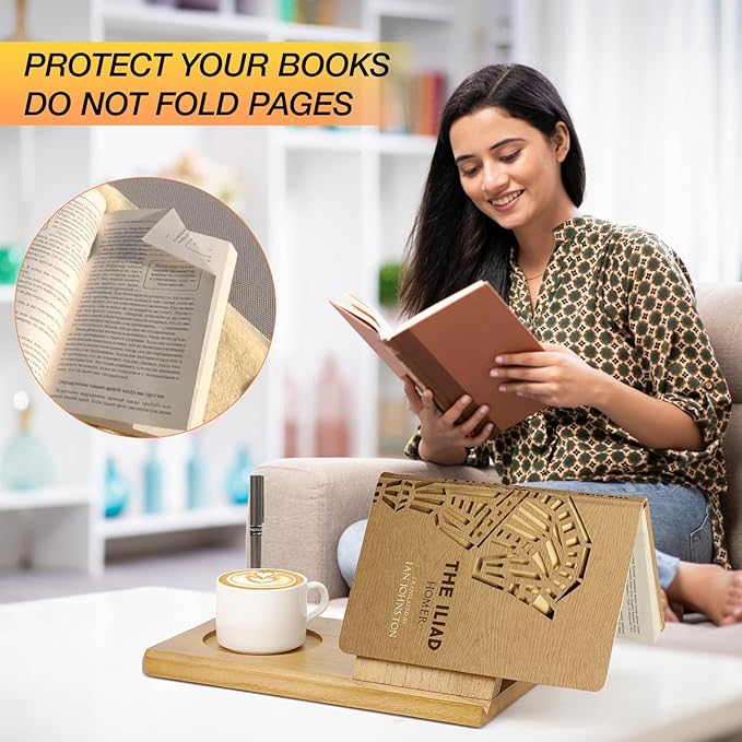 Book Holder, Triangle Small Bookshelf, Unique Book Nook Reading Valet with Cup, Glasses & Pen Holder, Wooden Mini Bookshelf, Book Lovers Gift Ideas - LeafyLoom