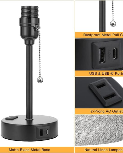 Grey Nightstand Lamps 3 Color Temperatures - 2700K 3500K 5000K Bedside Lamps with USB C and A Ports, Pull Chain Table Lamps with AC Outlet, Small Lamps with Black Metal Base for Sleeping Reading - LeafyLoom