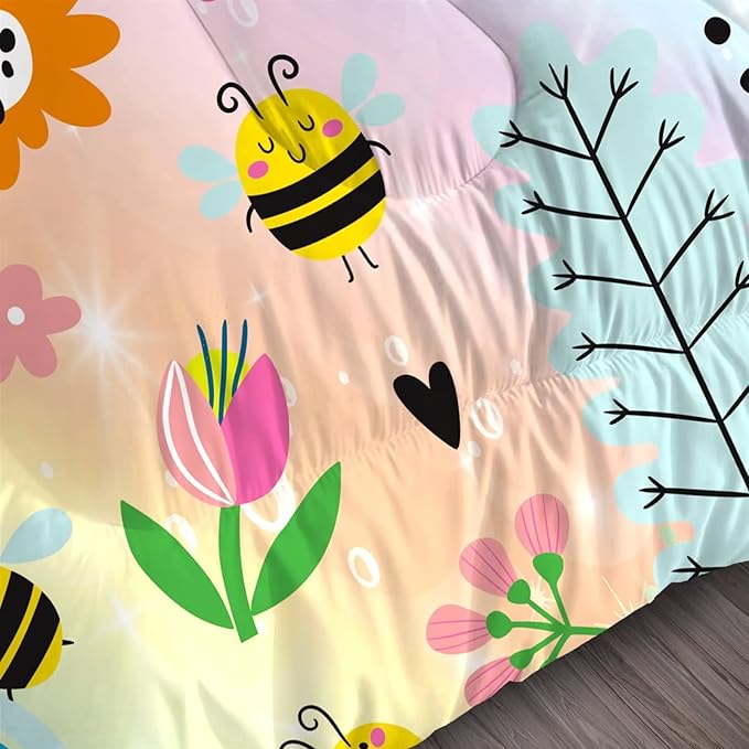 Rainbow Comforter Sets Twin Size Cartoon Floral Frogs Bedding Set for Girls Kids Children Boys Butterfly Flowers Bees Insects Cute Kawaii Quilt 1 Comforter + 1 Pillow Case - LeafyLoom