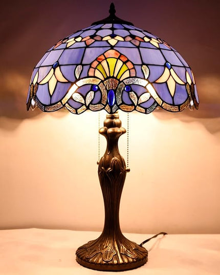 WERFACTORY Tiffany Lamp Blue Purple Stained Glass Baroque Table Lamp Lavender Style Bedside Desk Light Metal Base 16X16X24 Inches Decor Bedroom Living Room Home Office S003C Series (Blue Baraque) - LeafyLoom