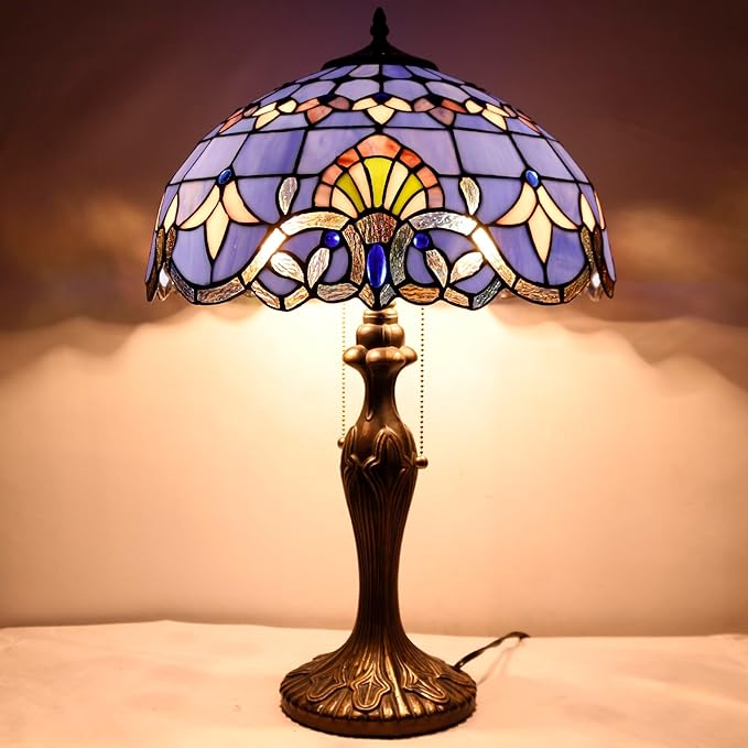 WERFACTORY Tiffany Lamp Blue Purple Stained Glass Baroque Table Lamp Lavender Style Bedside Desk Light Metal Base 16X16X24 Inches Decor Bedroom Living Room Home Office S003C Series (Blue Baraque) - LeafyLoom