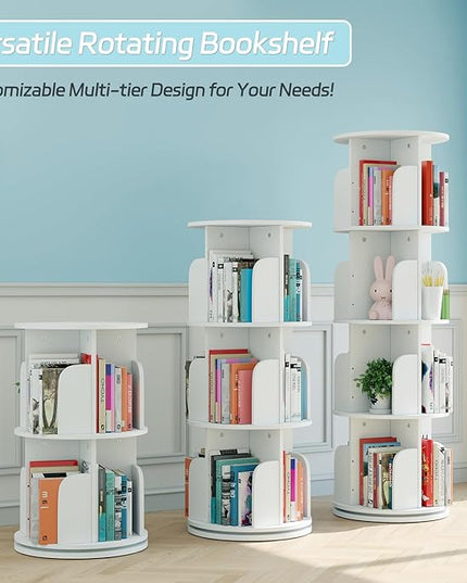 EasyCom 4 Tier Rotating Display Bookshelf Organizer Floor Standing Bookcase Storage Rack- Display Round Bookshelf Swivel Corner Book Shelf- Tall Bookcase for Home Study Office, White - LeafyLoom